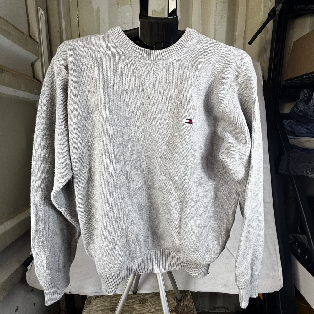 Tommy Hilfiger Sweater Men's Large Gray Tight Knit Embroidered Logo Ribbed Hem